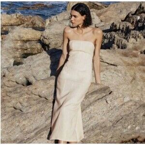 Zara Strapless Midi Dress in Light Beige